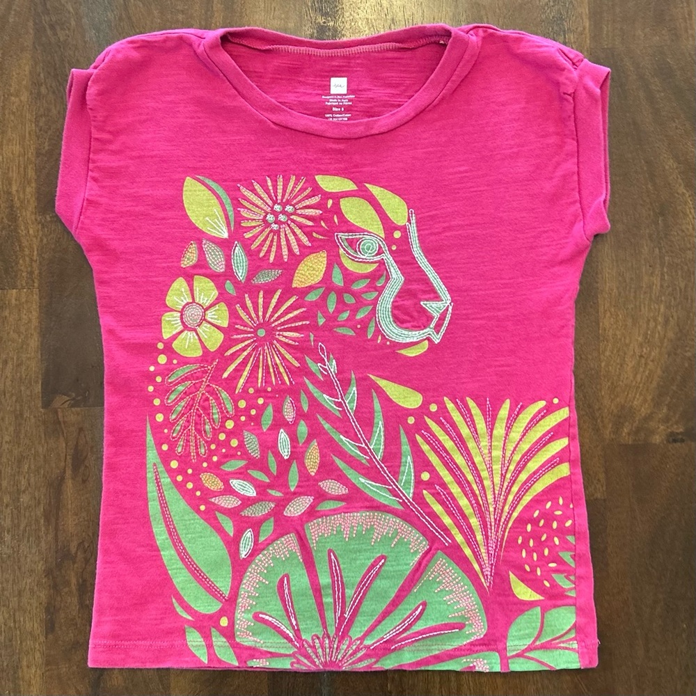 Tea Collection Girls Size 8 Tee, Bright Purple, Green Embroidered Cap Sleeve Top